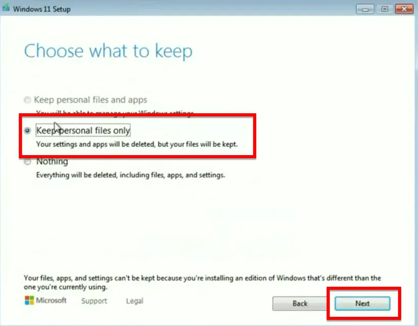 Bạn Chọn Keep Personal Files Only Và Nhấn Next để Tiếp Tục