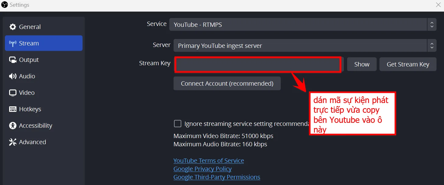 Bạn Dán Mã Sự Kiện Phát Trực Tiếp Youtube Vào ô Stream Key