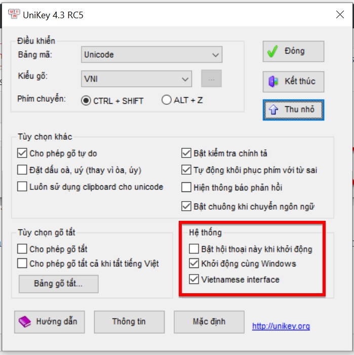 Chú ý vào phần tùy chọn hệ thống trên phần mềm Unikey