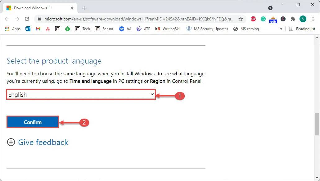 Chọn ngôn ngữ Windows 11 mà bạn muốn tải về máy sau đó nhấn vào Confirm để xác nhận việc tải xuống 