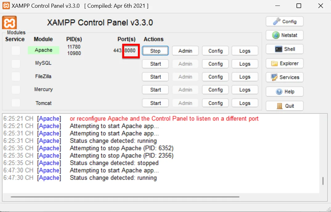 Apache Trên XAMPP đã Thay đổi Port 8080
