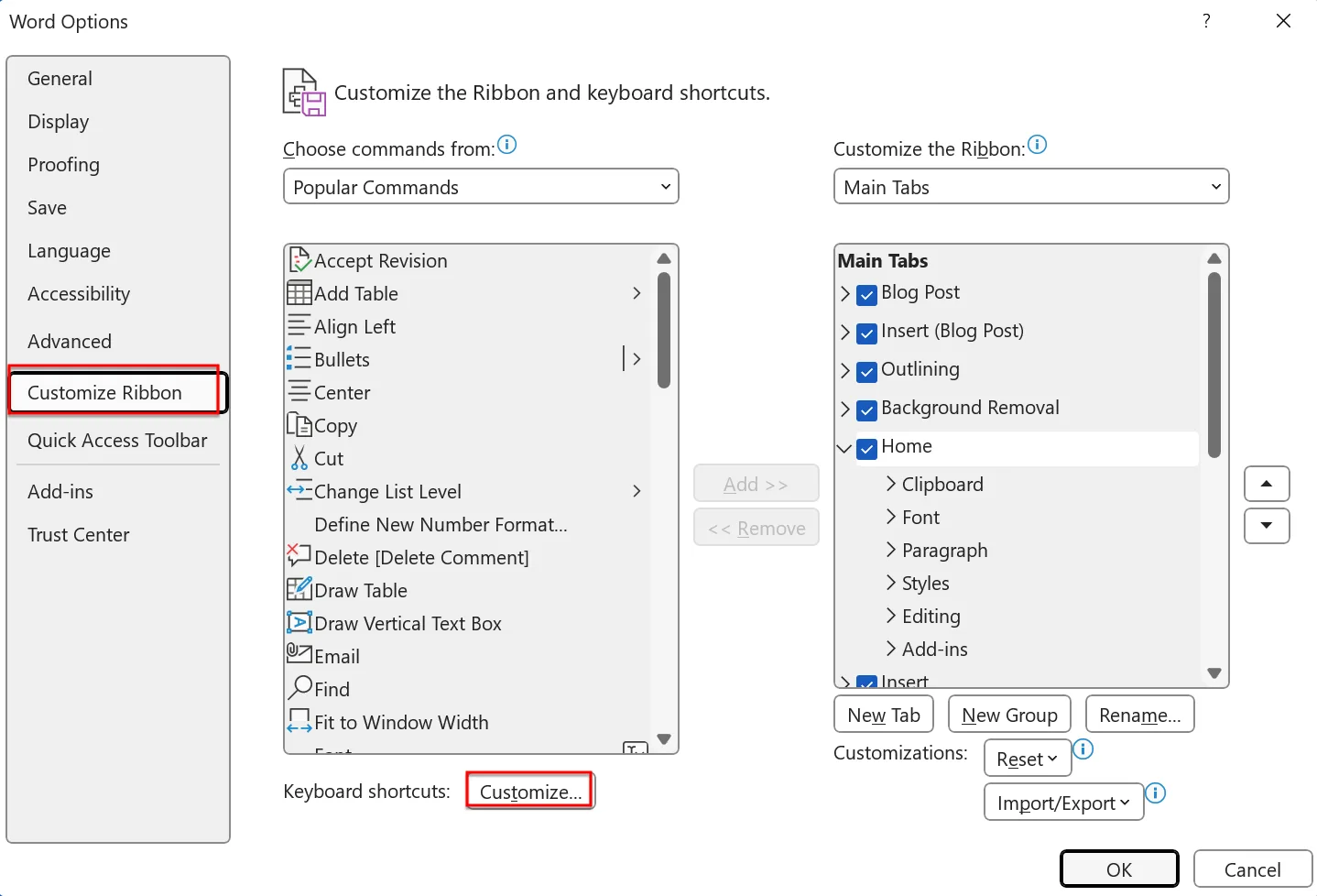 Bạn Chọn Customize để Tùy Chỉnh Phím Tắt Chuyển File Word Sang PDF