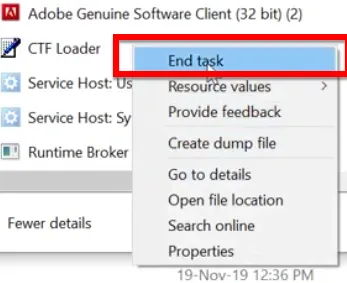 Bạn Chọn End Task để Dừng Service Adobe Genuine Software Client