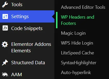 Bạn Chọn Settings Chọn WP Headers And Footers