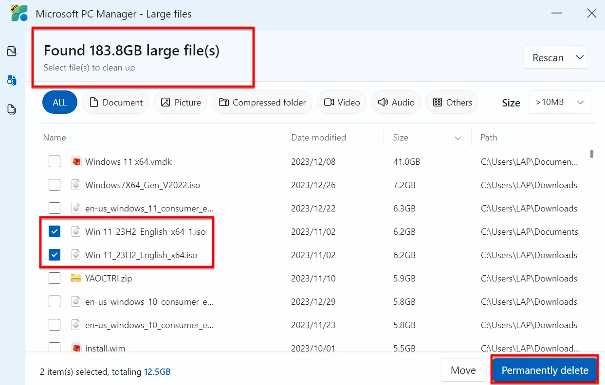 Bạn Chọn File Có Dung Lượng Lớn Và Nhấn Vào Nút Permanently Delete để Xóa File Vĩnh Viễn