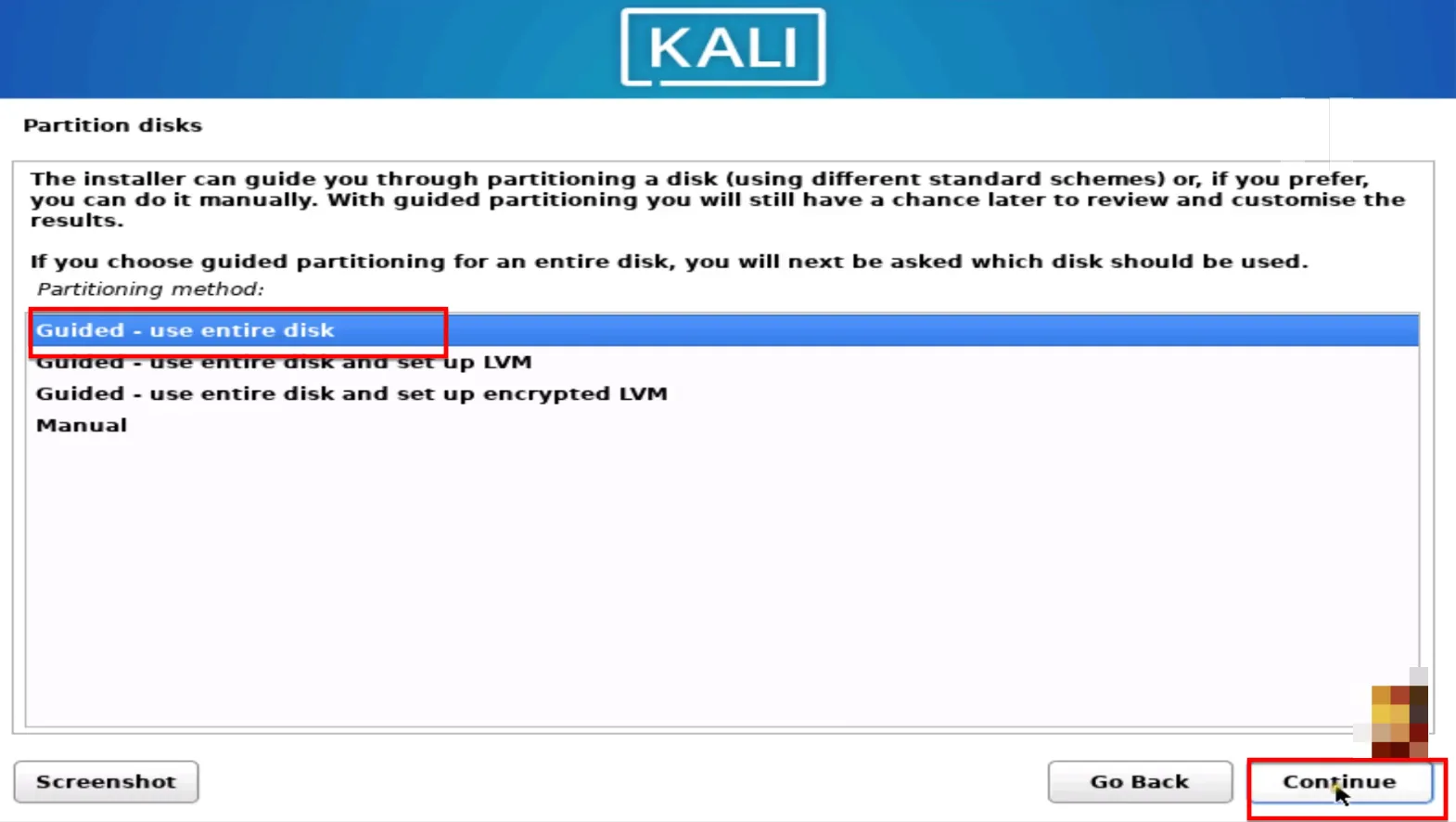Bạn Chọn Phân Vùng Cài đặt Kali Linux Trên Vmware Và Nhấn Continue