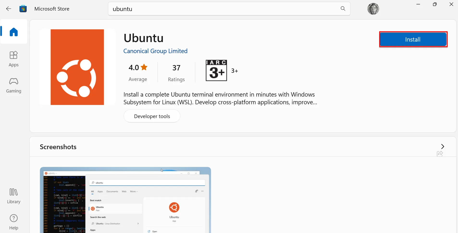 Bạn Chọn Vào Install để Cài Ubuntu Cho Win 11, Win 10