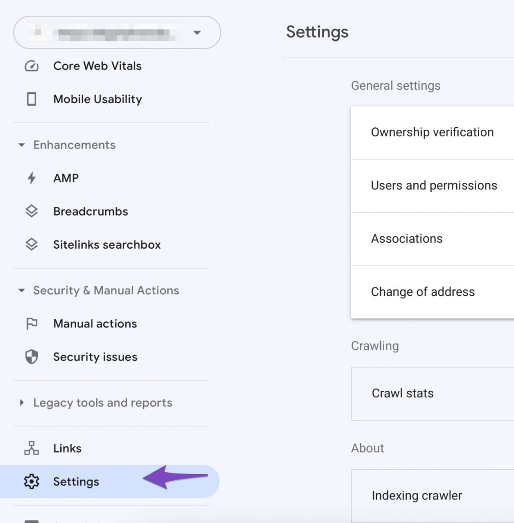 Bạn chọn vào mục Settings ở mục Google Search Console