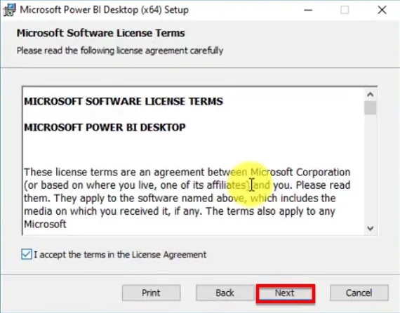 Bạn đọc điều Khoản Của Power BI Desktop Và Nhấn Next để Tiếp Tục Quá Trình Cài đặt