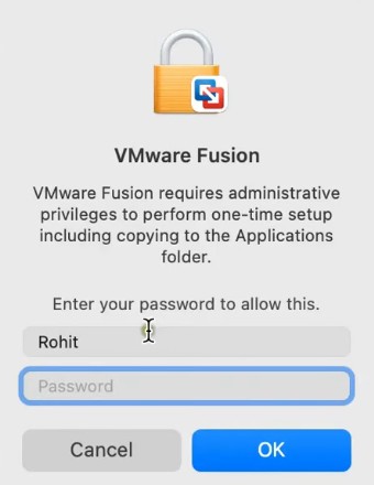 Bạn Hãy Nhập Mật Khẩu Và Nhấn OK để Cấp Quyền Cho Vmware Fusion