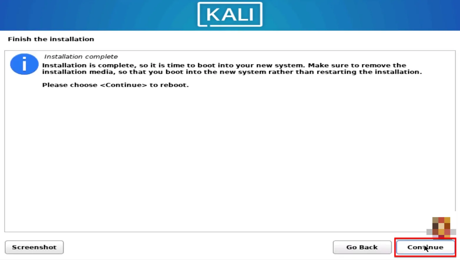 Bạn Nhấn Continue để Khởi động Lại Máy ảo Kali Linux Trên Vmware
