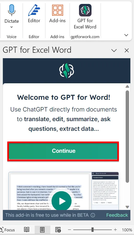 Bạn Nhấn Continue để Vào Công Cụ GPT For Excel Word