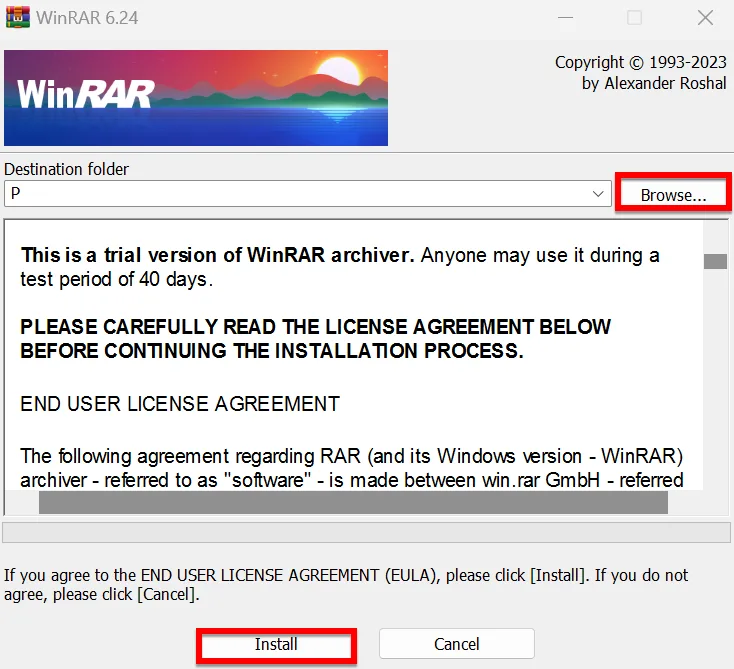 Bạn Nhấn Chọn Browse Tìm Vị Trí Lưu Phần Mềm, Sau đó Nhấn Install để Cài đặt Winrar