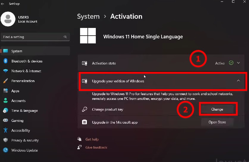 Bạn nhấn chọn vào Change product key để nâng cấp phiên bản Windows