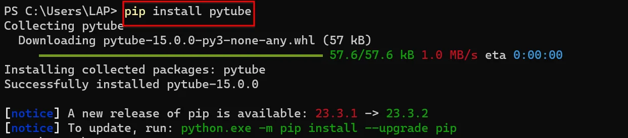Bạn Nhập Lệnh Phía Trên để Cài Pytube Cho Windows
