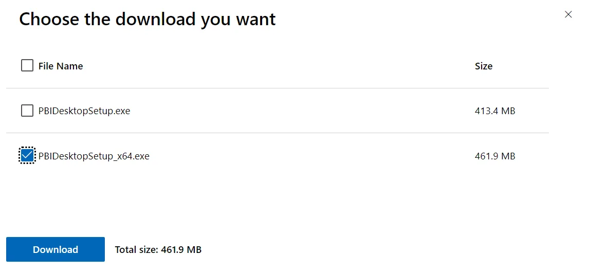 Bạn Tích Chọn File PBIDesktopSetup Tùy Theo Kiến Trúc Máy Tính Của Bạn Sau đó Chọn Download để Tải Power BI Desktop Về Máy Tính