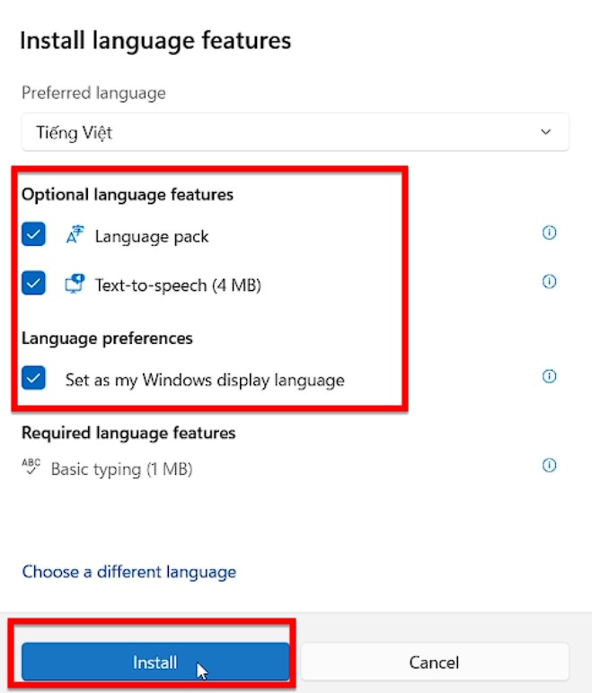 Bạn Tích Chọn Vào Các Tùy Chọn Và Nhấn Install để Cài Tiếng Việt Cho Win 11