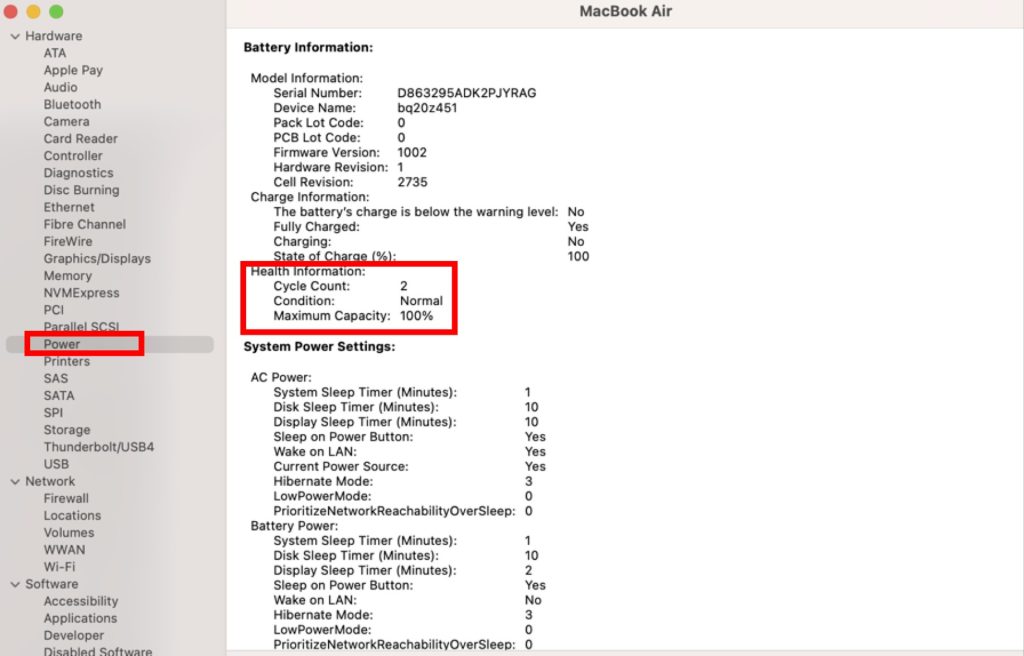 Bạn Tìm đến Hardware, Chọn Power, Tại đây Bạn Kiểm Tra Pin Và Số Lần Sạc Macbook
