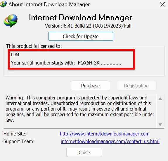 Bảng About Internet Download Manager Hiện Lên Chứa Thông Tin Bản Quyền Của Phần Mềm