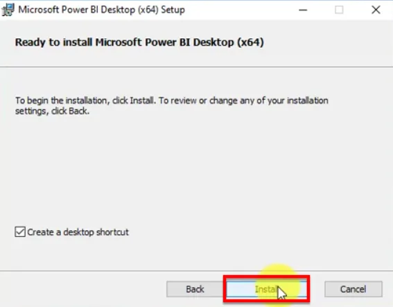 Bảng Ready To Install Microsoft Power BI Desktop Hiện Lên Bạn Nhấn Install để Bắt đầu Cài đặt