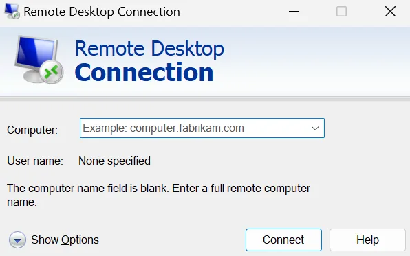 Bảng Remote Desktop Connection Hiện Lên