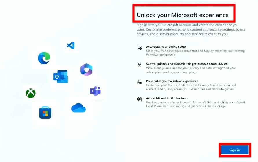 Bảng Unlock Your Microsoft Experience Xuất Hiện, Bạn Nhấn Chọn Sign In để đăng Nhập