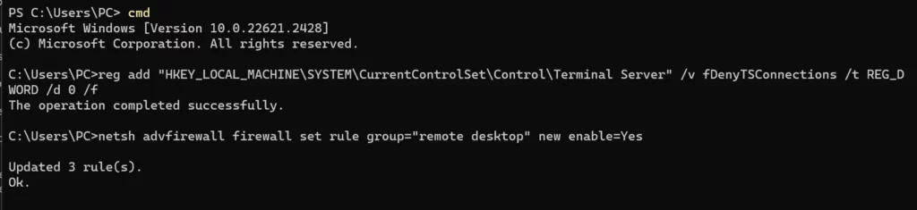 Bật Remote Desktop Win 11 Sử Dụng CMD
