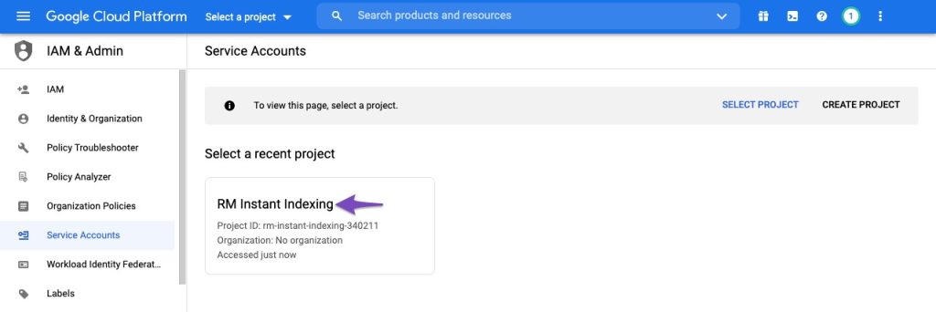 Chọn dự án Instant Indexing