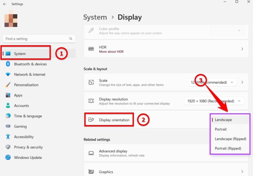 Chọn vào System > Display > Display orientation