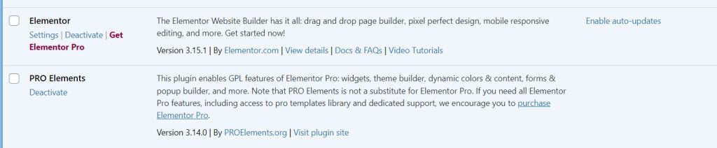 Hai Plugin Elementor Và Pro Elements ở Trạng Thái Kích Hoạt