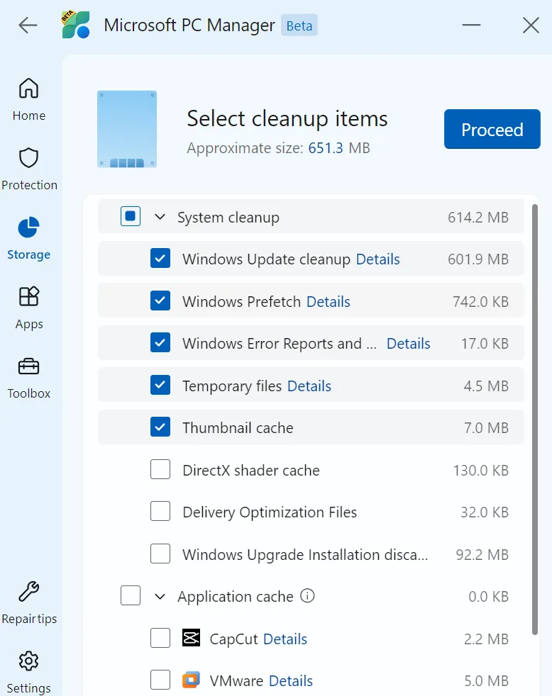 Microsoft PC Manager Sẽ Quét Và Tìm Thấy Các File Rác Trên Máy Tính, Chọn Proceed để Xóa Các File Rác đó