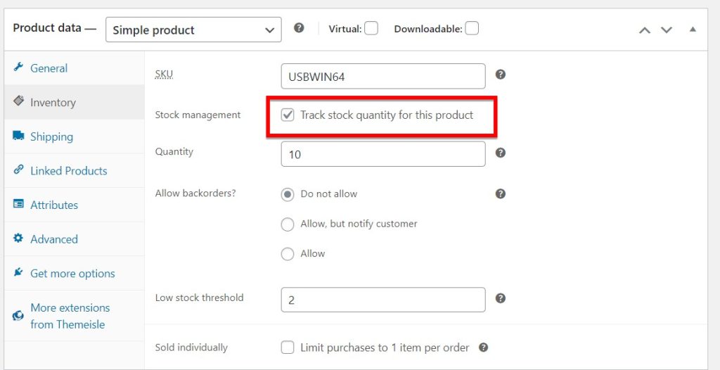 Mục Track stock quantity for this product