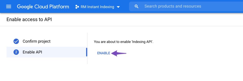 Nhấn Enable để bật Indexing API lên