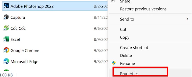 Nhấn Phải Chuột Lên Adobe Photoshop 2022 Và Chọn Properties