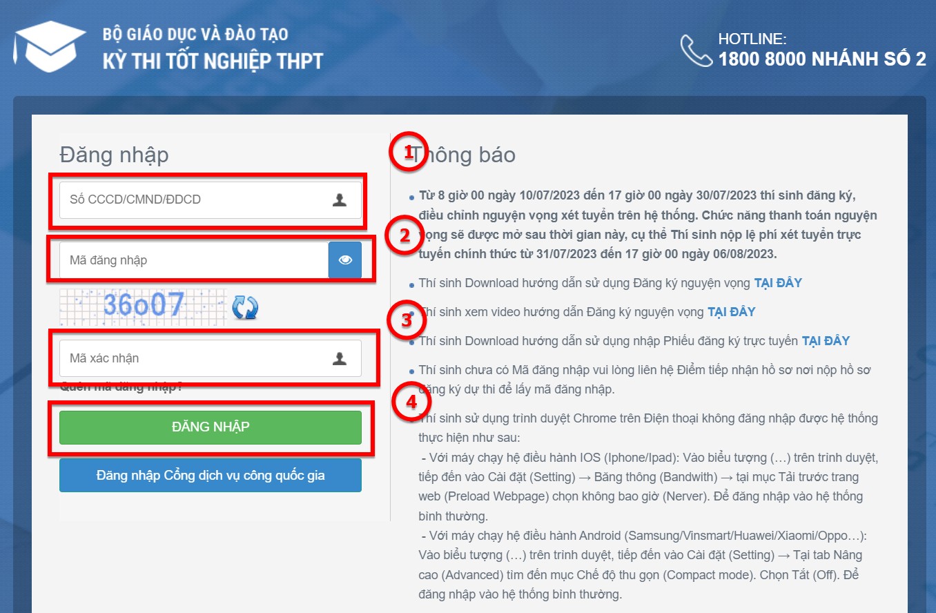 Nhập các thông tin như CCCD, mã đăng nhập, mã xác nhận để xem điểm thi THPT 