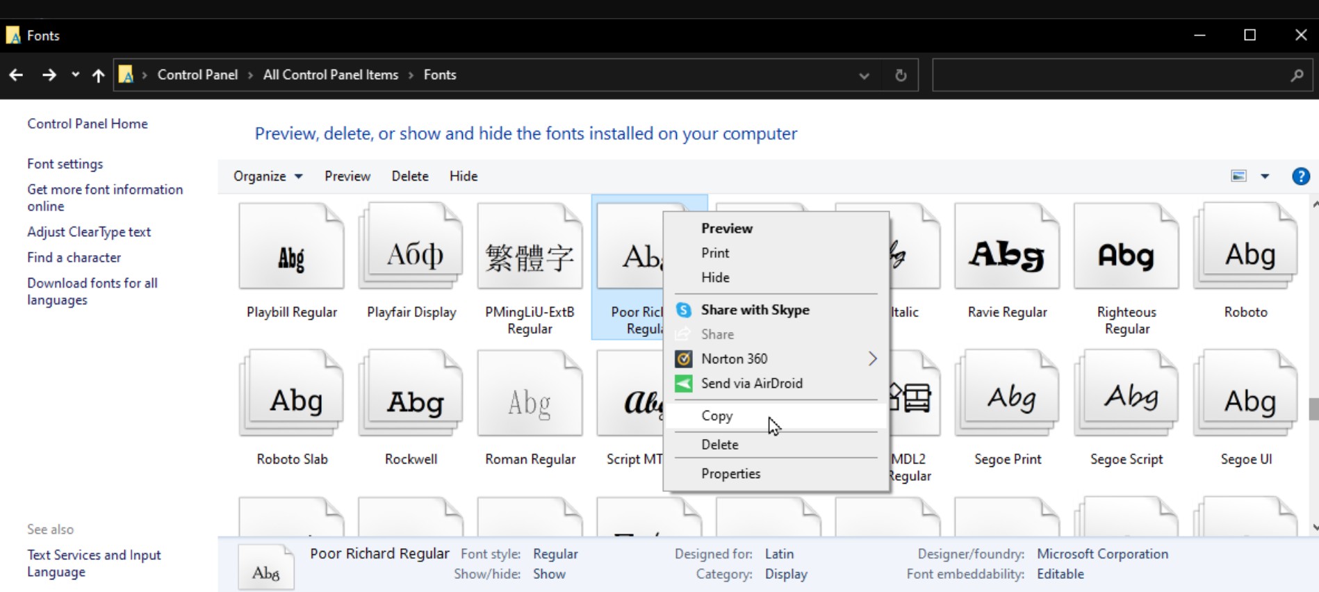 Quản lý font chữ trên Win 10, Win 11