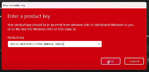 Tại mục Enter a product key bạn nhập product key vào khung