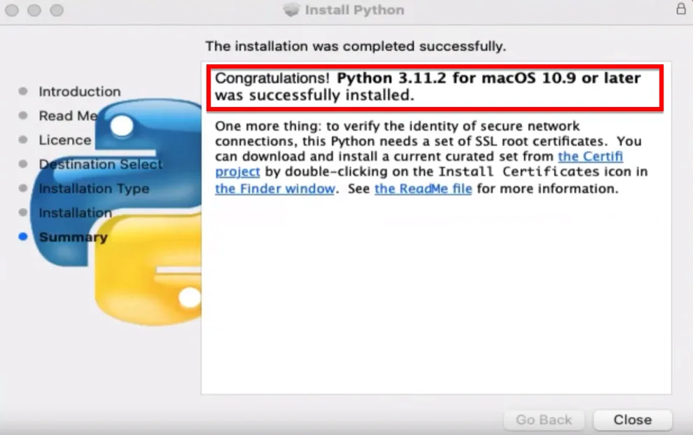 Thông Báo Cài đặt Python Trên MacOS Thành Công