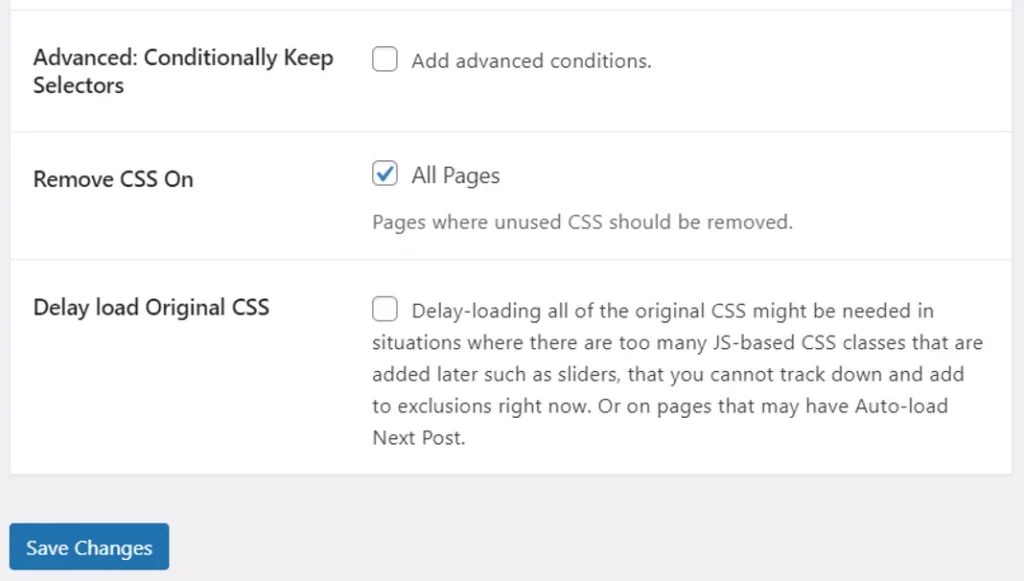 Tích Vào Tùy Chọn Remove CSS On All Pages