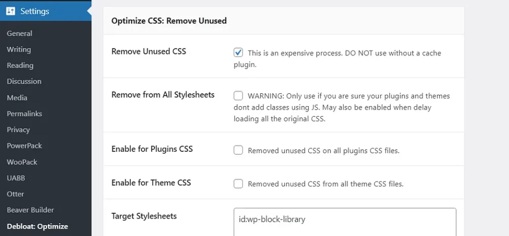 Tùy Chọn Cài đặt Remove Unused CSS để Xóa Các CSS Không Cần Thiết