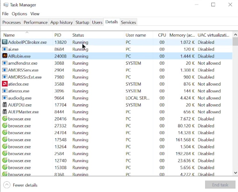 Vào mục Details trên Task Manager 